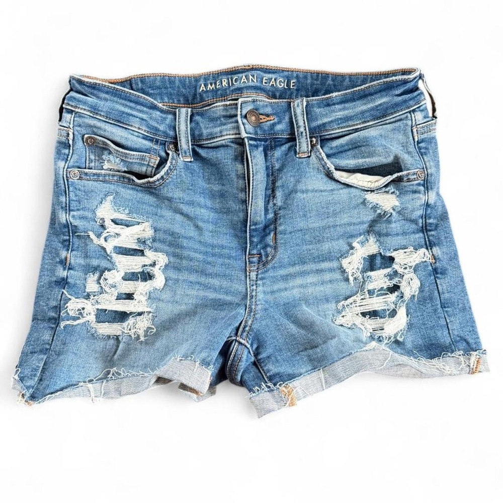 American Eagle Hi Rise Shortie Blue Denim Shorts Size 8